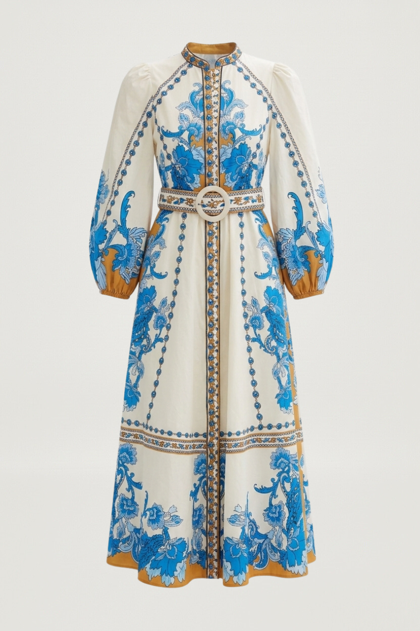 BAROQUEEN FLORAL DRESS Papyrus with blue and golden yellow border / L