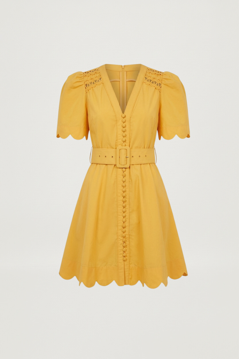 Scarlett Poppies Women's Euphoric Cotton Poplin Scalloped Mini Dress in Warm Sun Yellow Size Medium
