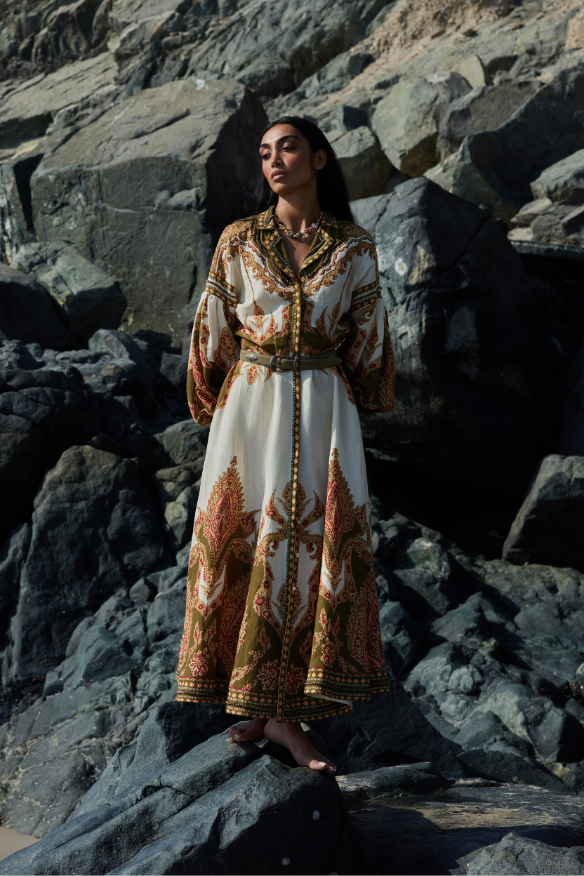 Scarlett Poppies Women's Florista Beaded Paisley Maxi Shirt Dress Size Large | Linen/Viscose Scarlett Poppies Women's Florista Beaded Paisley Maxi Shirt Dress Size Large | Linen/Viscose
