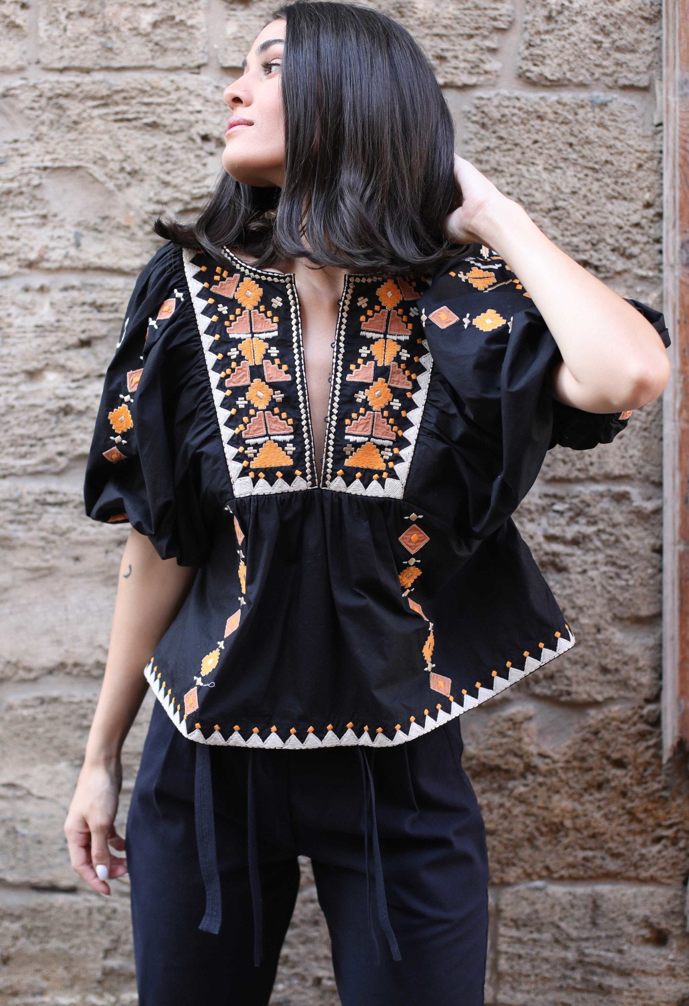 ONE OF A KIND - THE TRIBAL APPLIQUE EMBROIDERED LOOSE FITTED TOP – Scarlett  Poppies