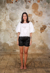 PRECIOUS TIME - THE CUTWORK EMBROIDERED LINEN BALLOON SLEEVE TOP Scarlett Poppies Tops