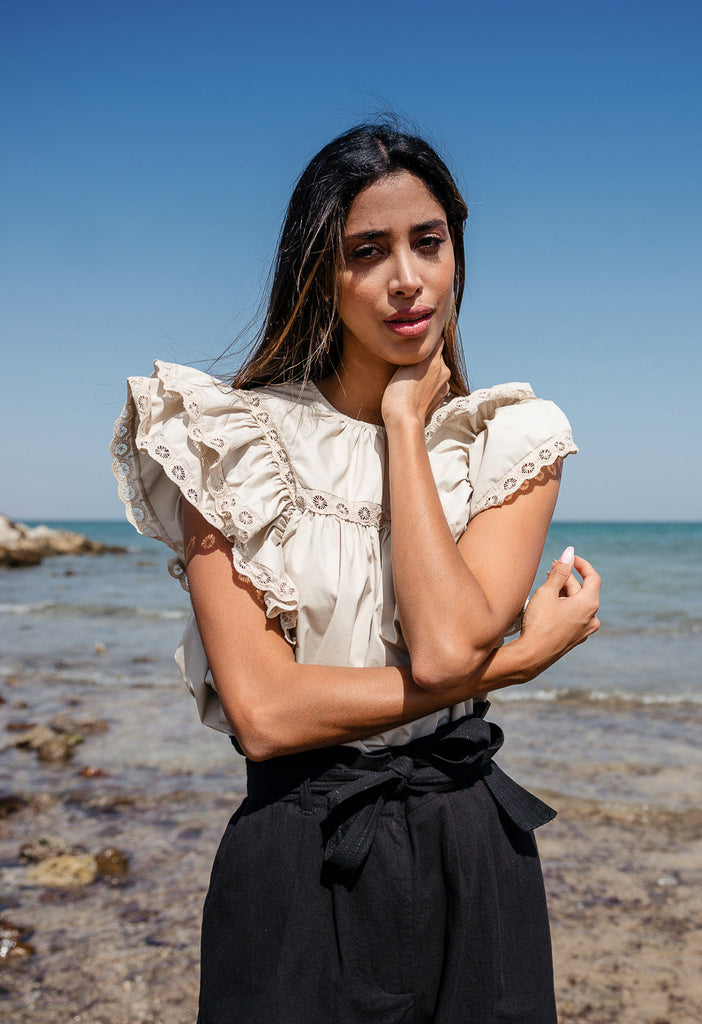 CALM AND LOGIC - BRODERIE ANGLAISE DECORATED RUFFLE TOP Scarlett Poppies Blouses
