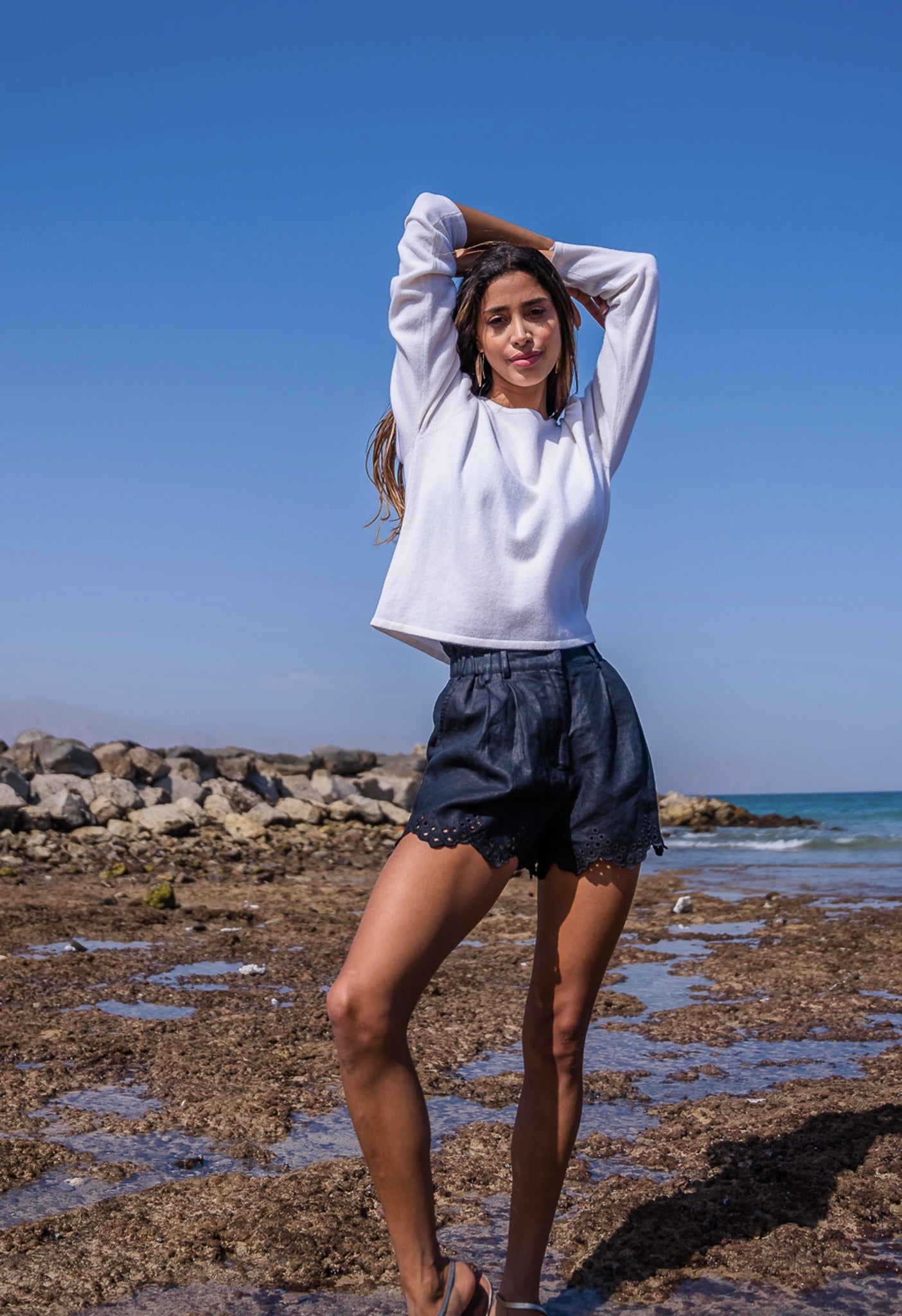 GOLDEN SYMPHONY - HIGH WAIST LINEN SHORTS WITH EMBROIDERED HEM AND STATEMENT BELT Scarlett Poppies Shorts