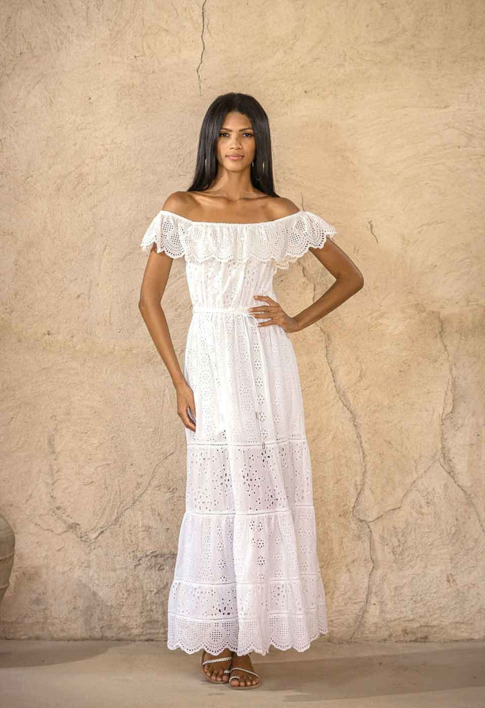 HAPPIER - EYELET EMBROIDERY OFF-SHOULDER MAXI DRESS Scarlett Poppies Dresses