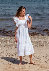 LENA - BRODERIE ANGLAISE RUFFLE MIDI DRESS WITH TIES AT BACK Scarlett Poppies Dresses