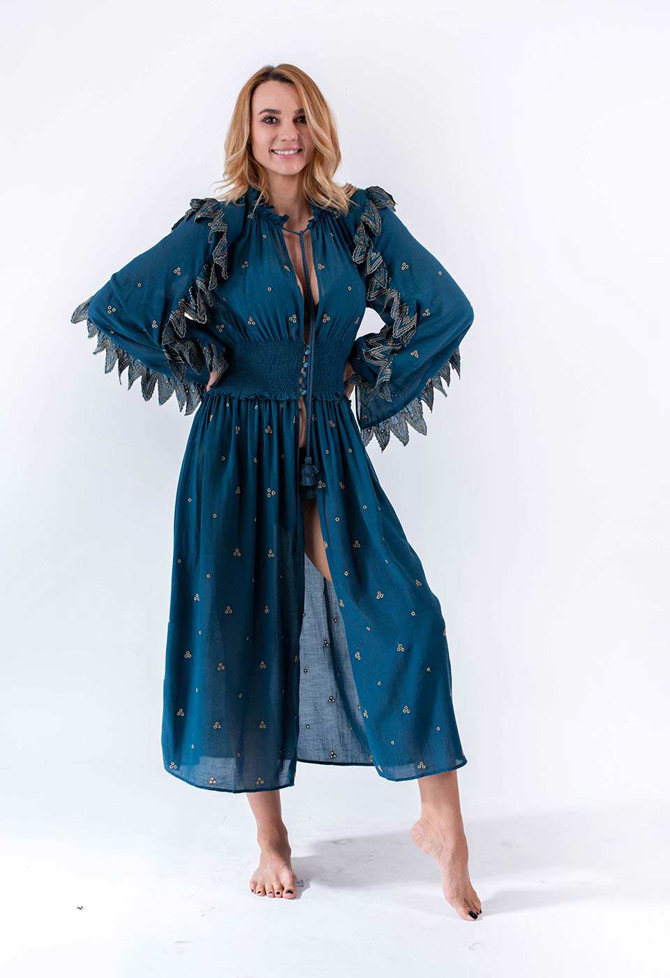 SUNSHINE ALERT - METALLIC EMBROIDERED SMOCK MAXI DRESS Scarlett Poppies Dresses