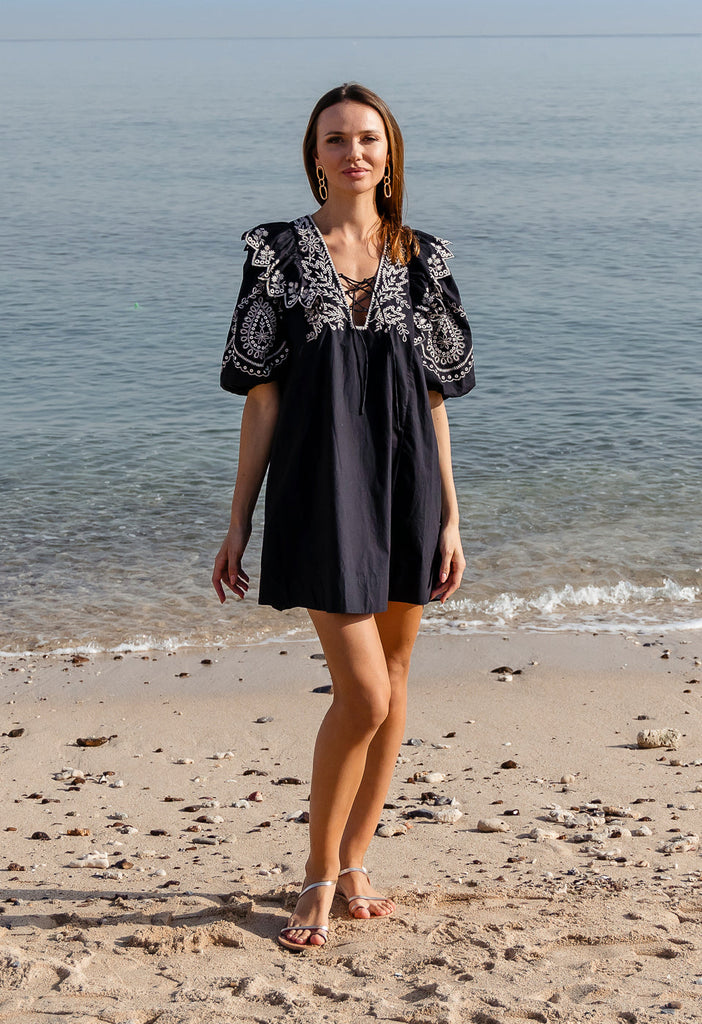 SUPER TROUPER - CONTRAST EMBROIDERED VOLUME SLEEVE RUFFLE MINI DRESS Scarlett Poppies Dresses